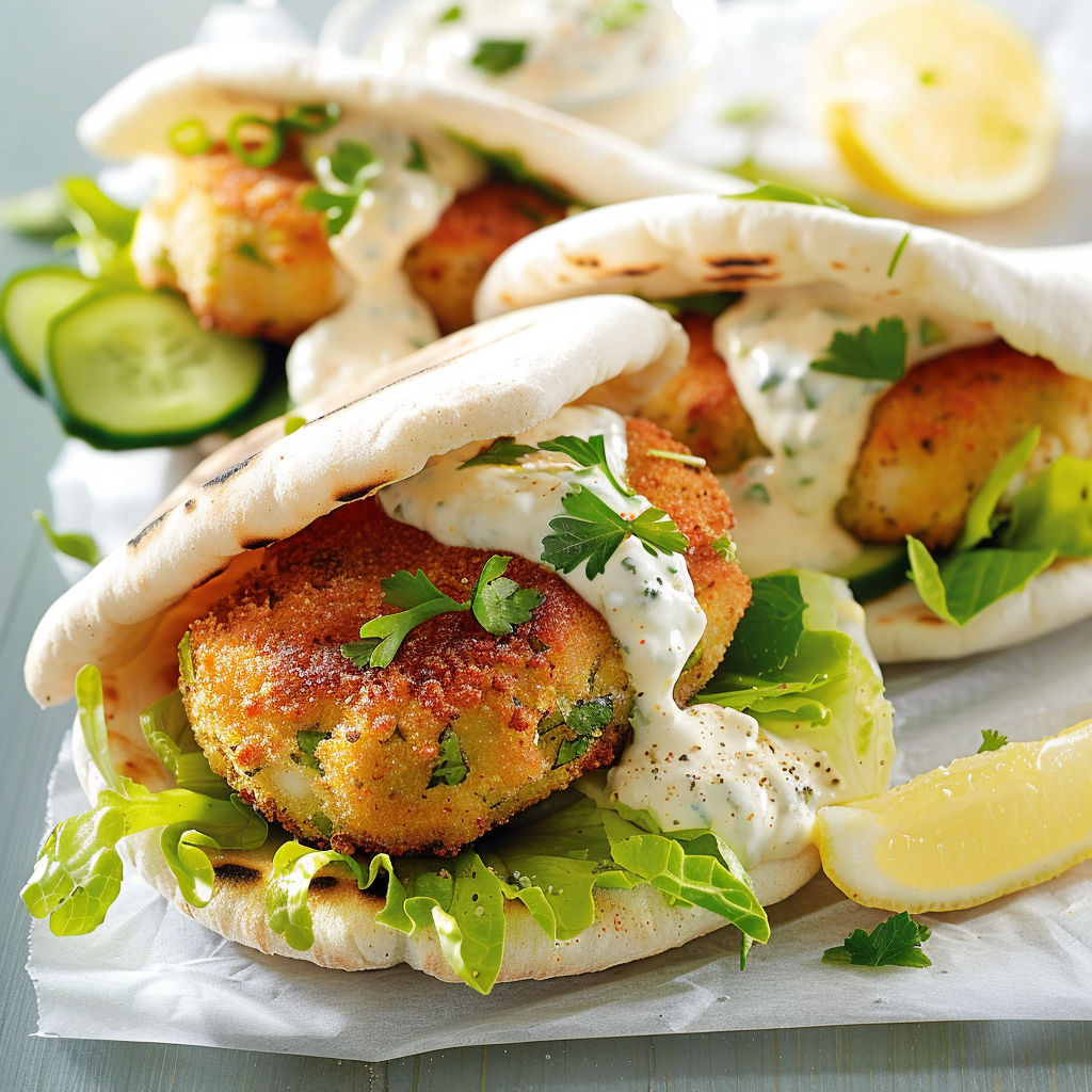 Pains pita garnis de poisson et légumes croquants, légers et délicieux.