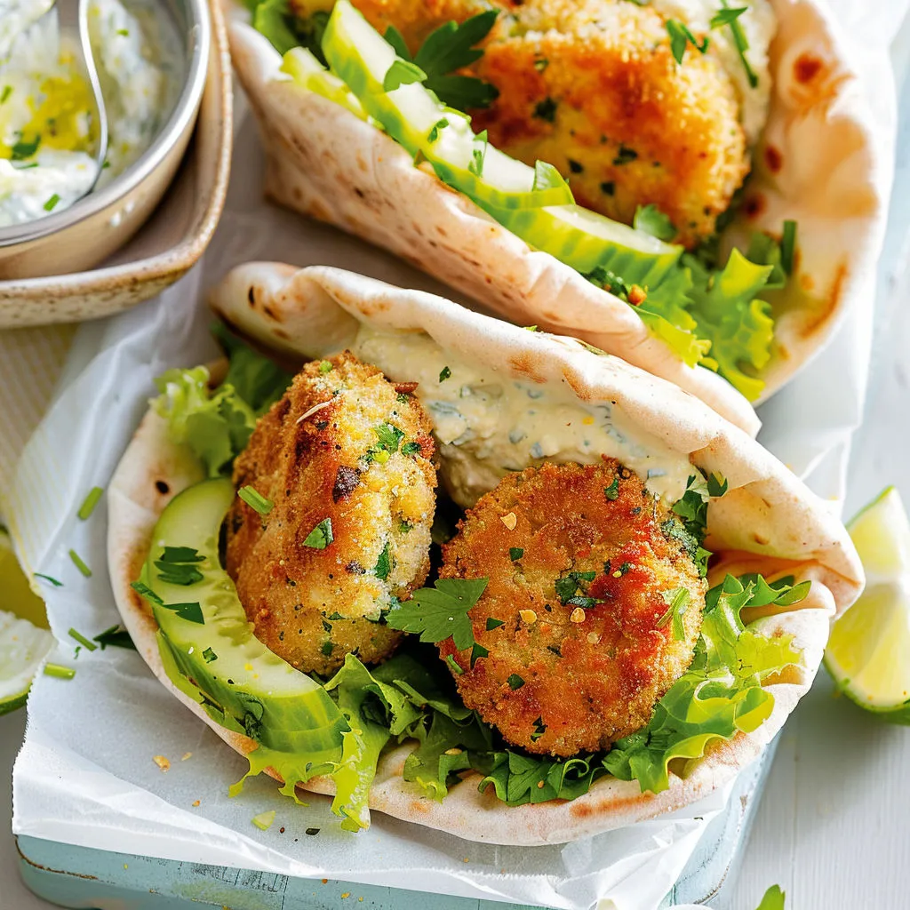 Pitas garnis de galettes de poisson bien dorées avec laitue croquante et rubans de concombre.