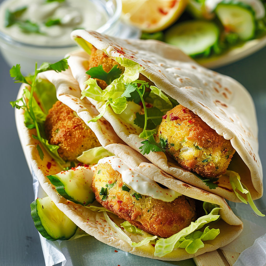 Un pain pita gourmand garni de galettes de poisson, légumes croquants et sauce citronnée.