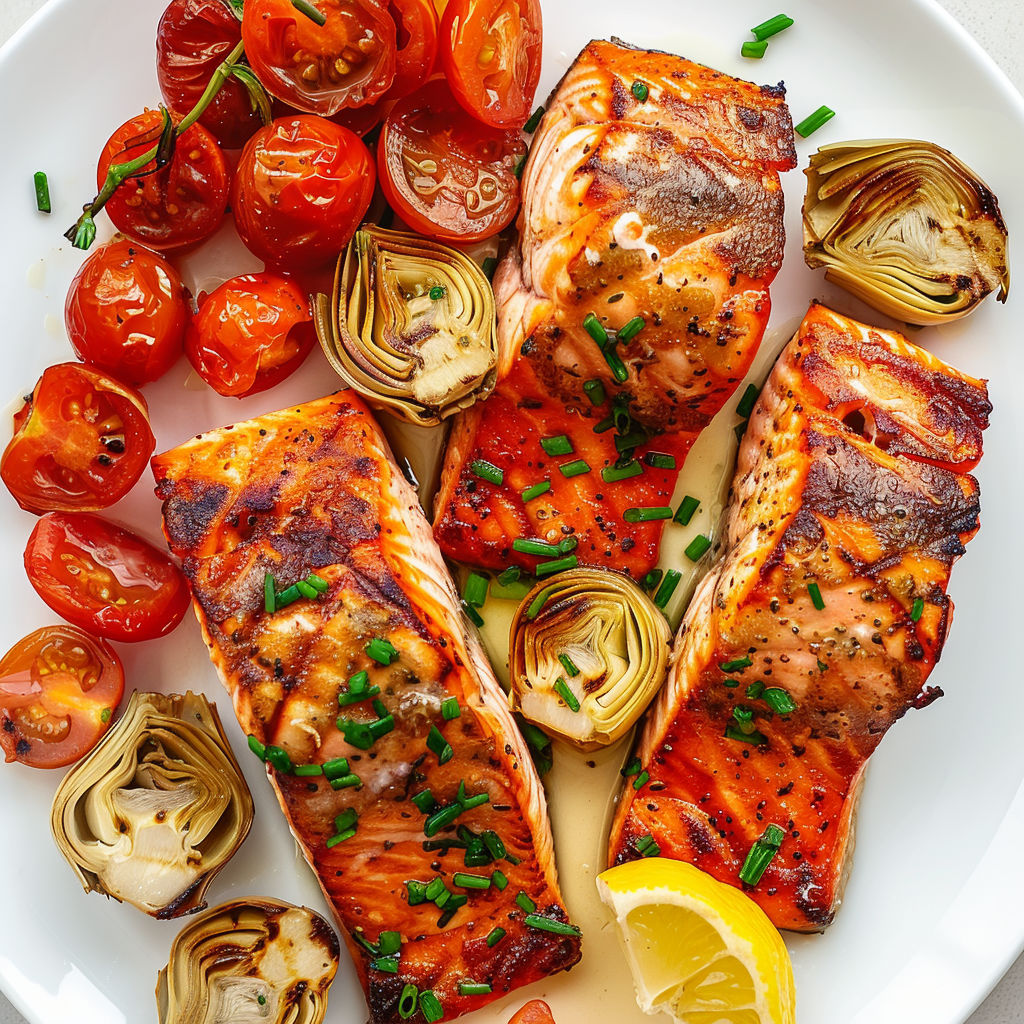 Une assiette en porcelaine avec tomates confites, artichauts et pavé de saumon, posée avec une cuillère et une fourchette.