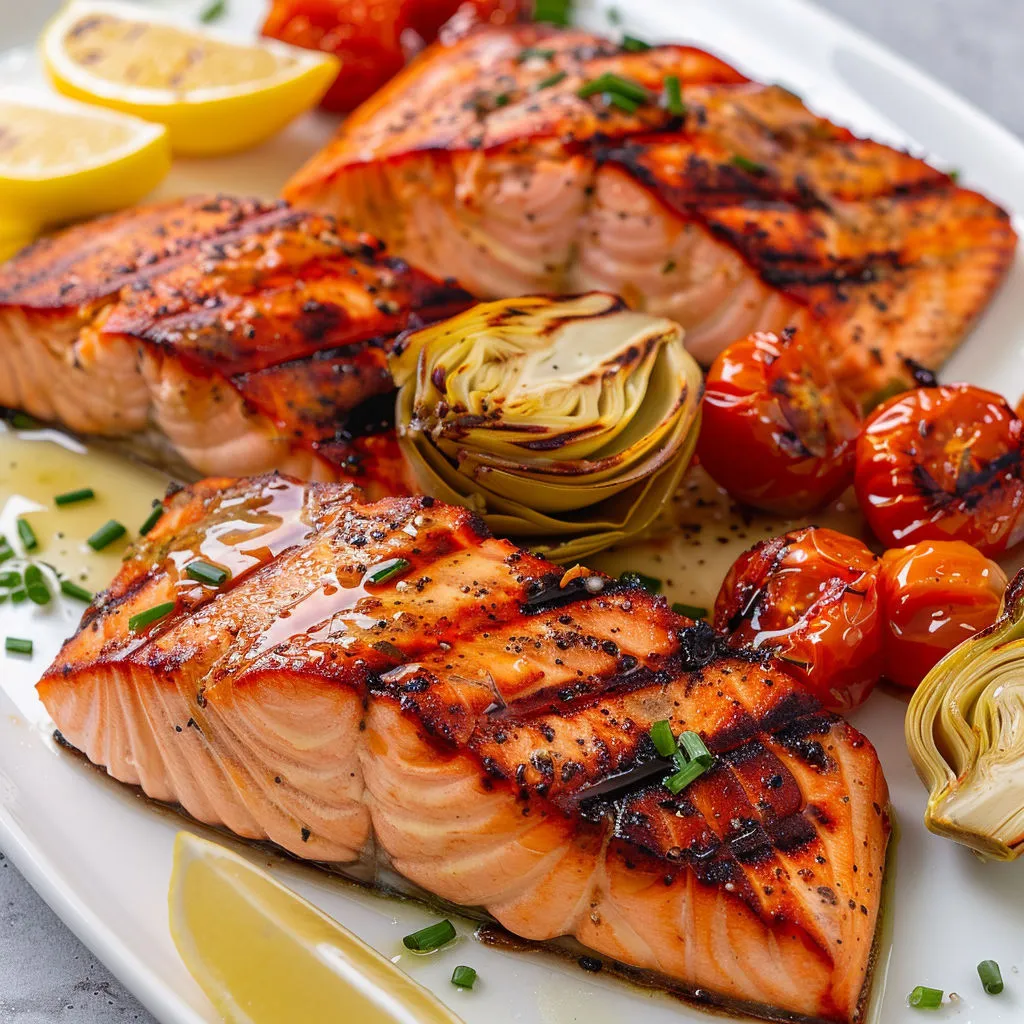 Saumon grillé, légumes tendres et quartier de citron.