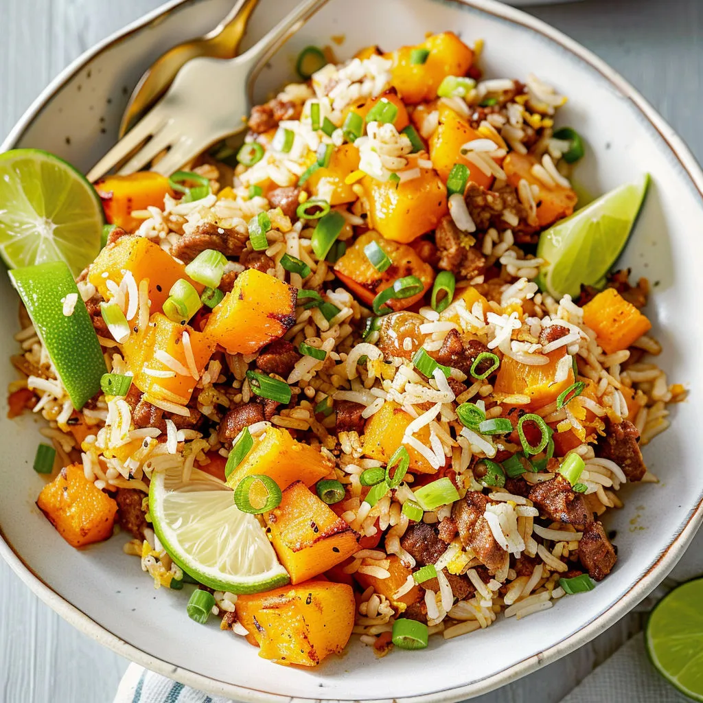 Un bol de riz sauté aux légumes verts, carottes et poivrons posé sur la table.