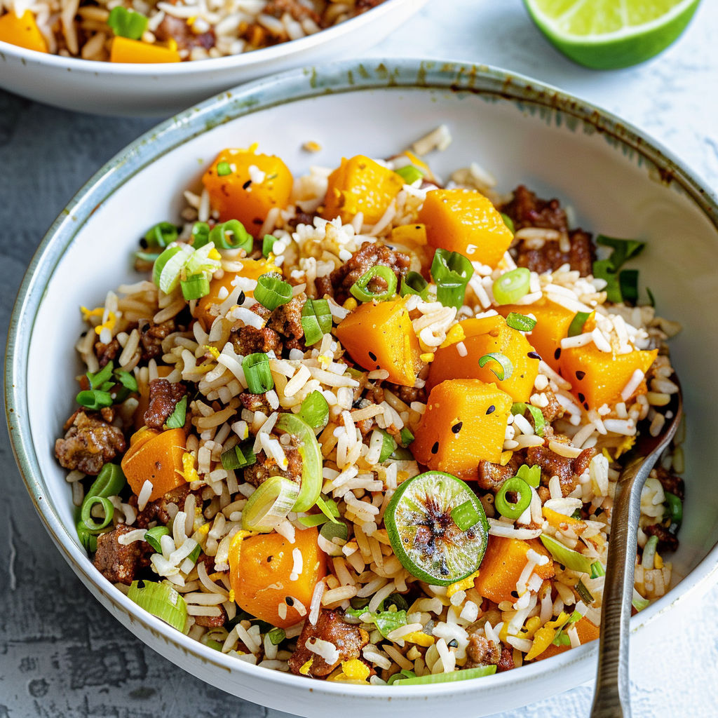 Un bol de riz aux légumes, carottes et pommes sur la table.