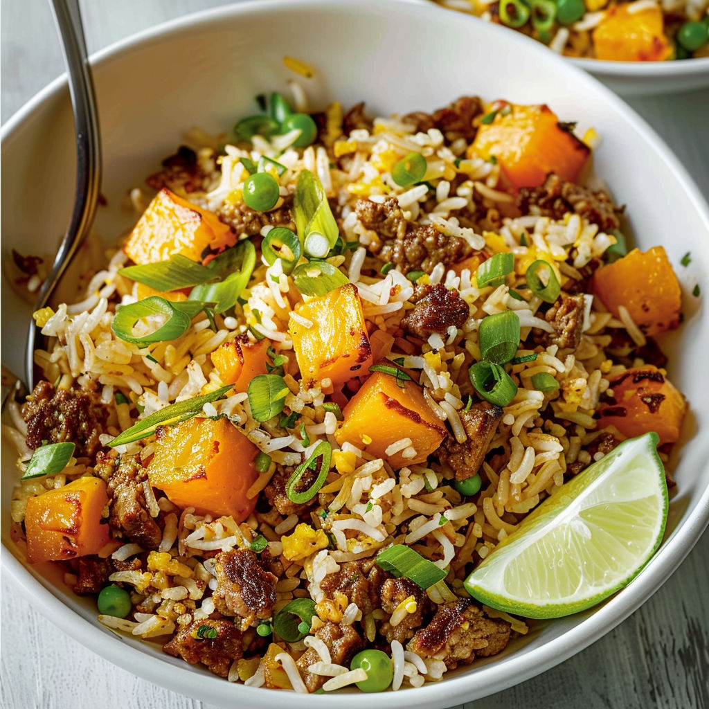 Un bol blanc rempli de riz doré mélangé au bœuf, courge, épices et légumes verts.