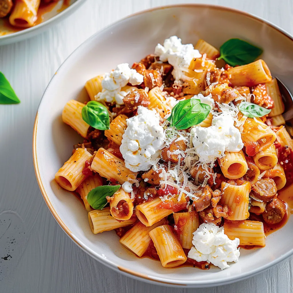 Des pâtes courtes recouvertes d'une sauce crémeuse à la saucisse avec de la ricotta fondante et du parmesan.