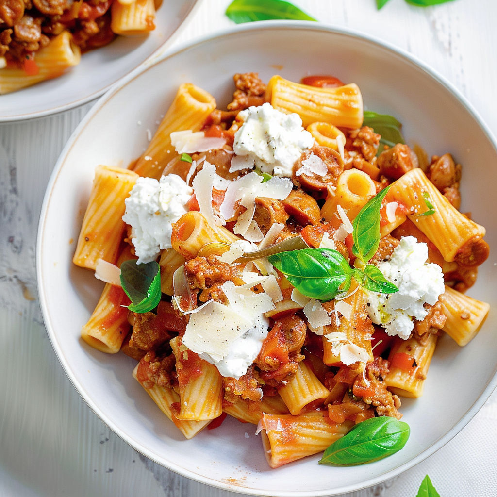 Une assiette de pâtes nappées de sauce tomate à la saucisse, couronnée de ricotta et de feuilles de basilic.