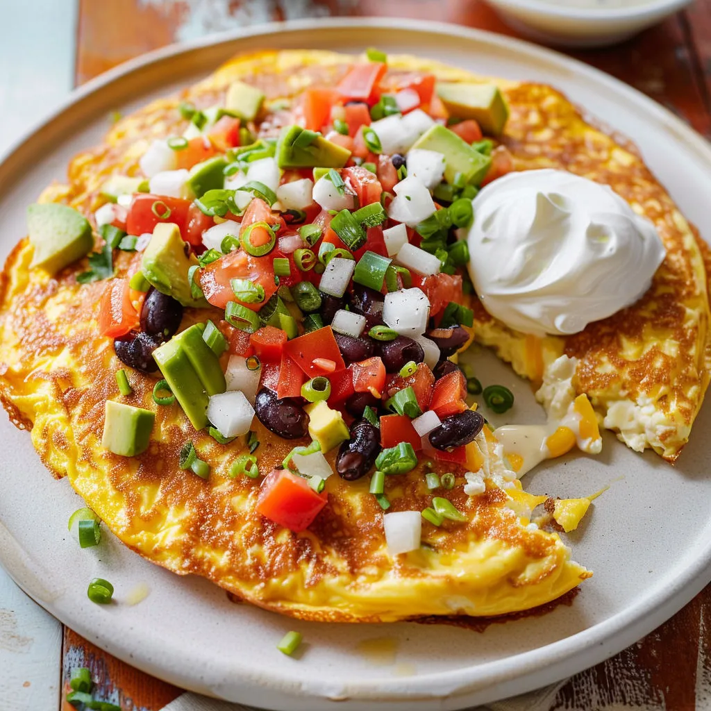 Omelette soufflée sortie du four, toute dorée, recouverte de salsa avocat, haricots noirs et cheddar sur un plat en faïence.