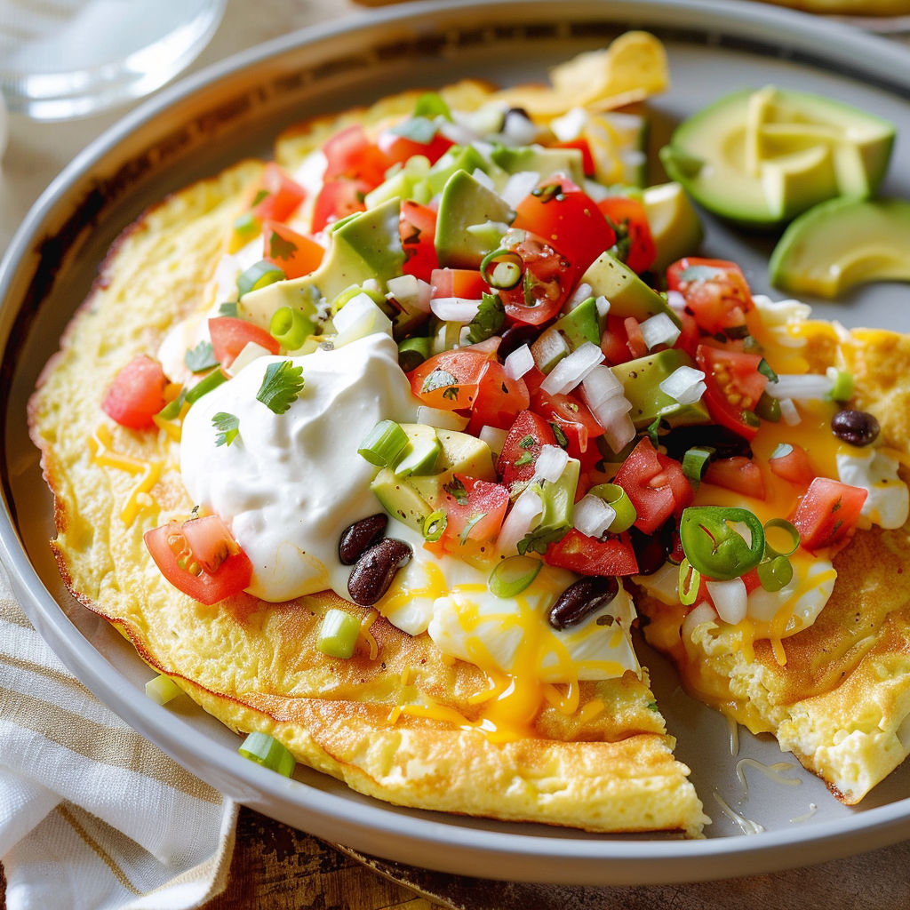 Omelette mexicaine bien moelleuse au fromage, recouverte de salsa pimentée et d’herbes croquantes.
