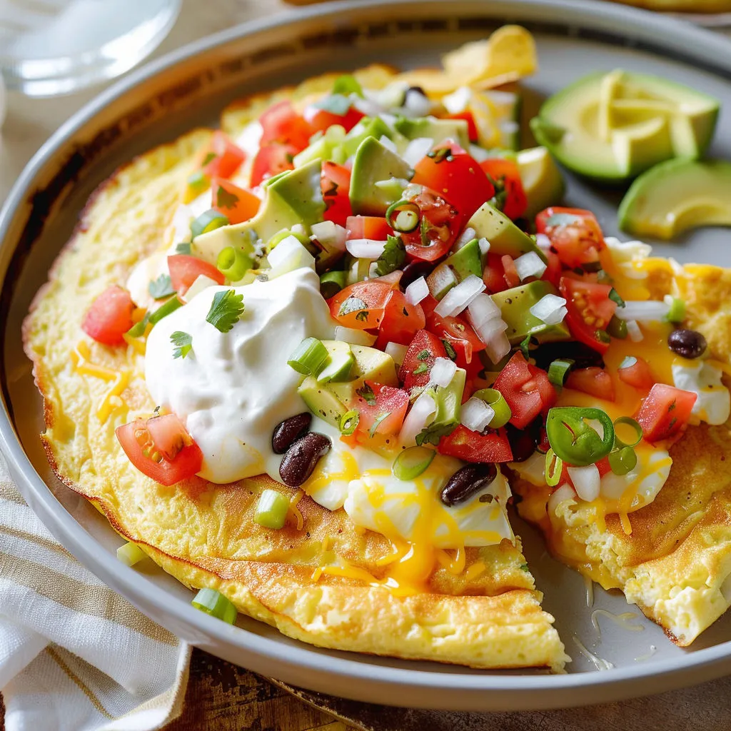 Omelette mexicaine bien moelleuse au fromage, recouverte de salsa pimentée et d’herbes croquantes.