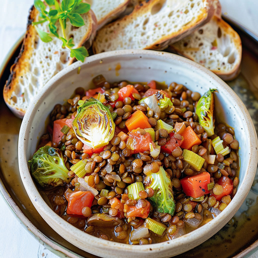 Un plat de lentilles végétalien accompagnées de carottes, épinards et pain grillé.