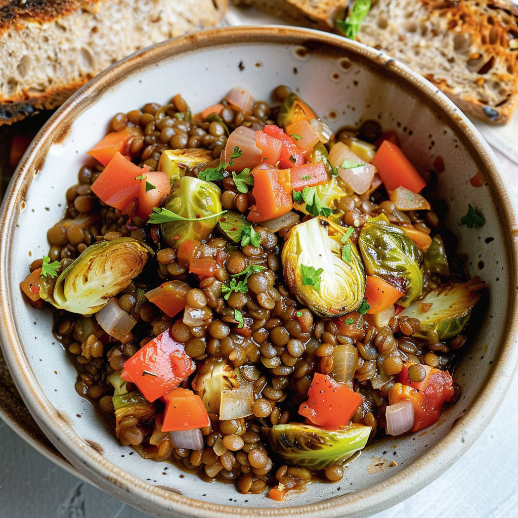Un plat généreux de légumes de saison avec des champignons dorés, des lentilles, servi avec du pain grillé.