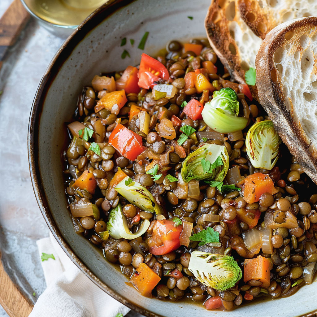 Un dîner réconfortant à base de lentilles et légumes, champignons dorés, tomates fraîches et huile d’olive.