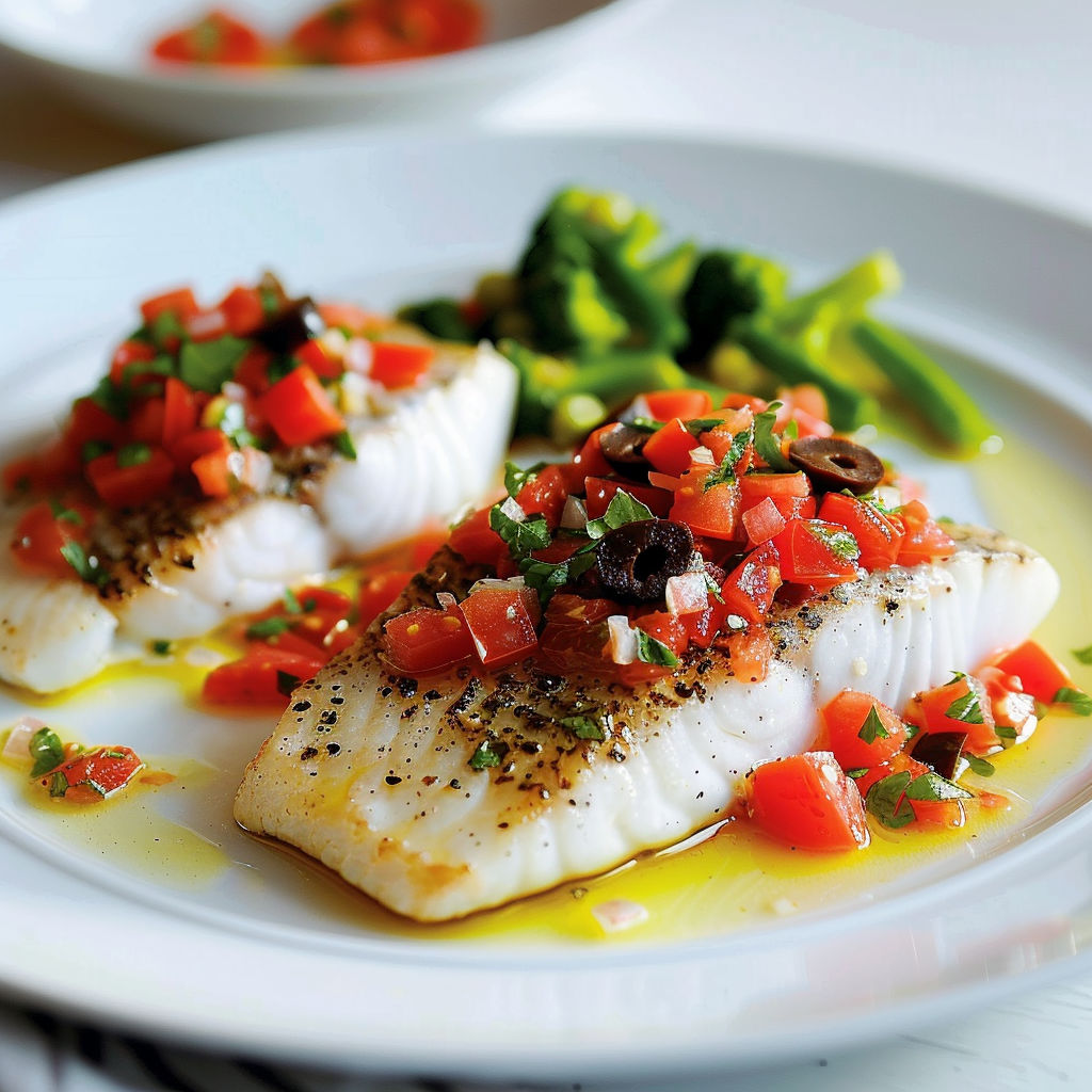 Poisson tendre avec sauce vierge et olives.