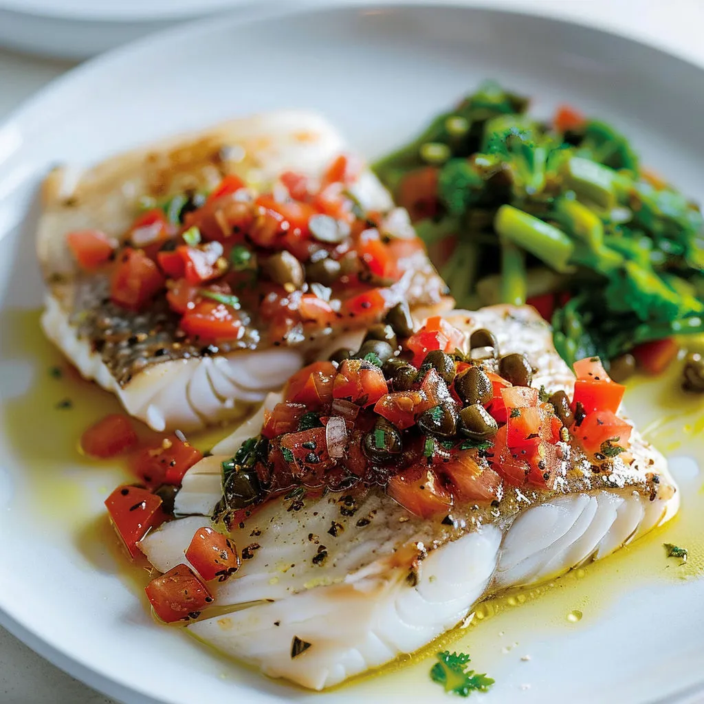 Poisson poêlé garni d’une sauce vierge tomate, olives noires, câpres et échalote bien fraîche.