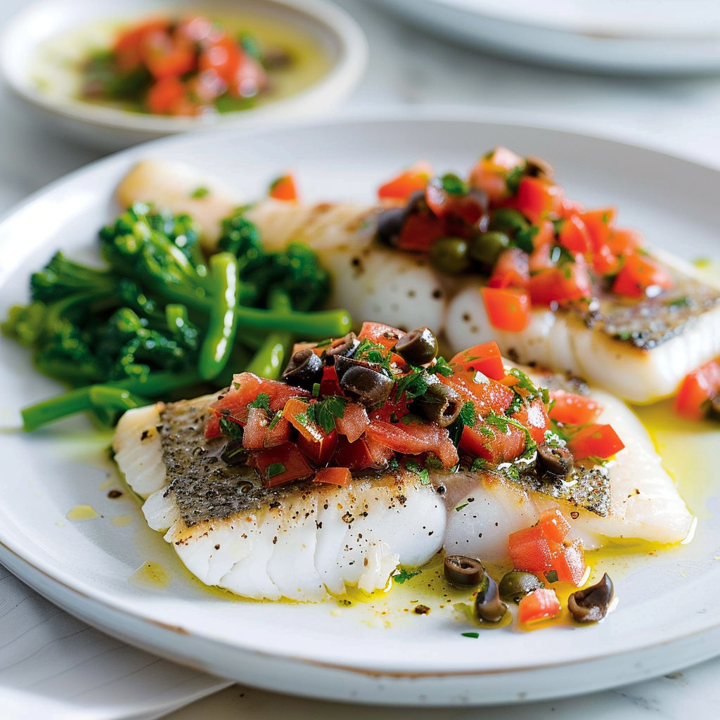 Filets de poisson tendres recouverts d’une sauce méditerranéenne acidulée, tomates fraîches et olives coupées.