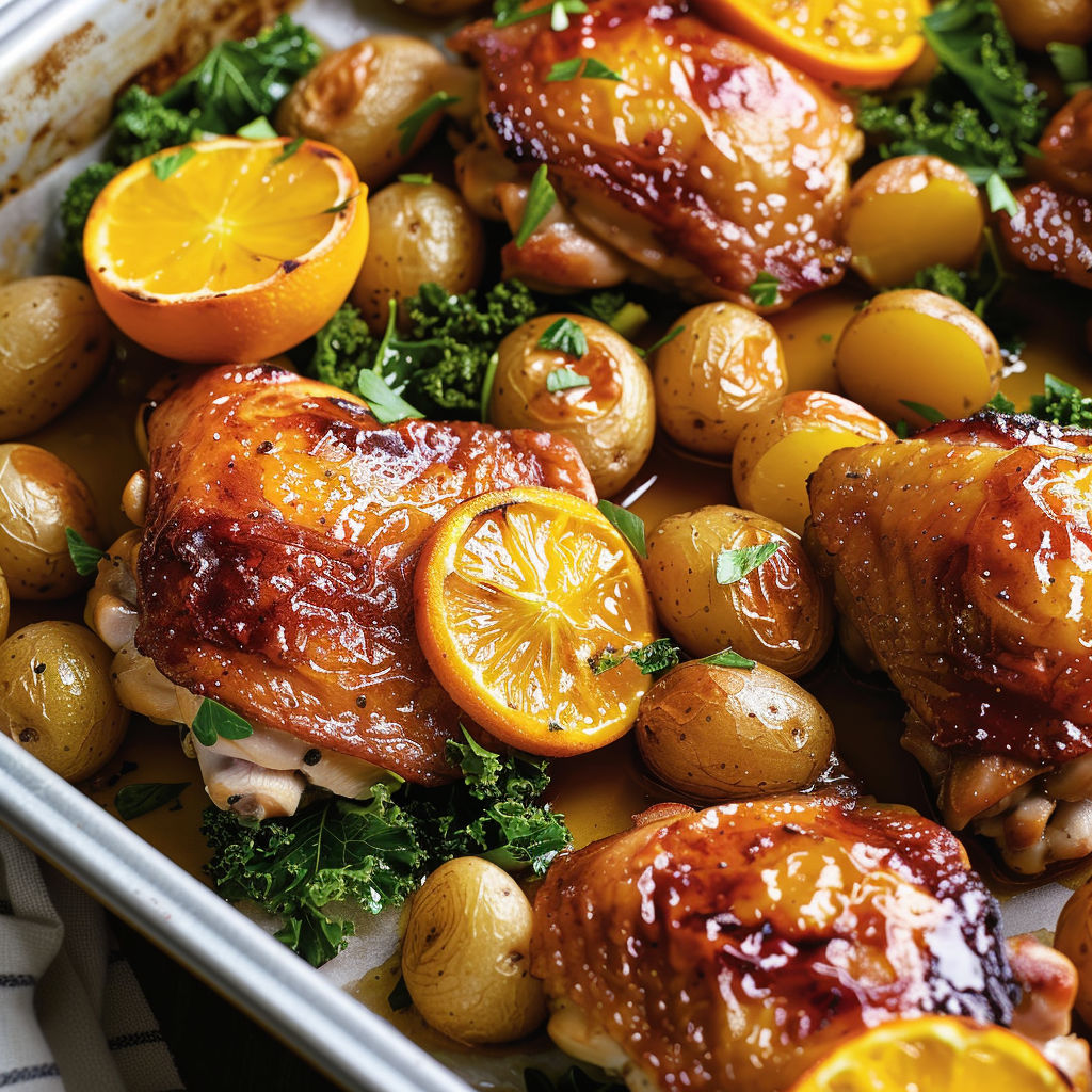 Poulet rôti doré avec oranges et légumes, nappé de sauce au miel.