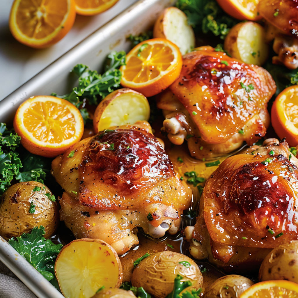 Des hauts de cuisse dorés au miel avec piment, rôtis avec des grenailles et de l’orange fraîche.