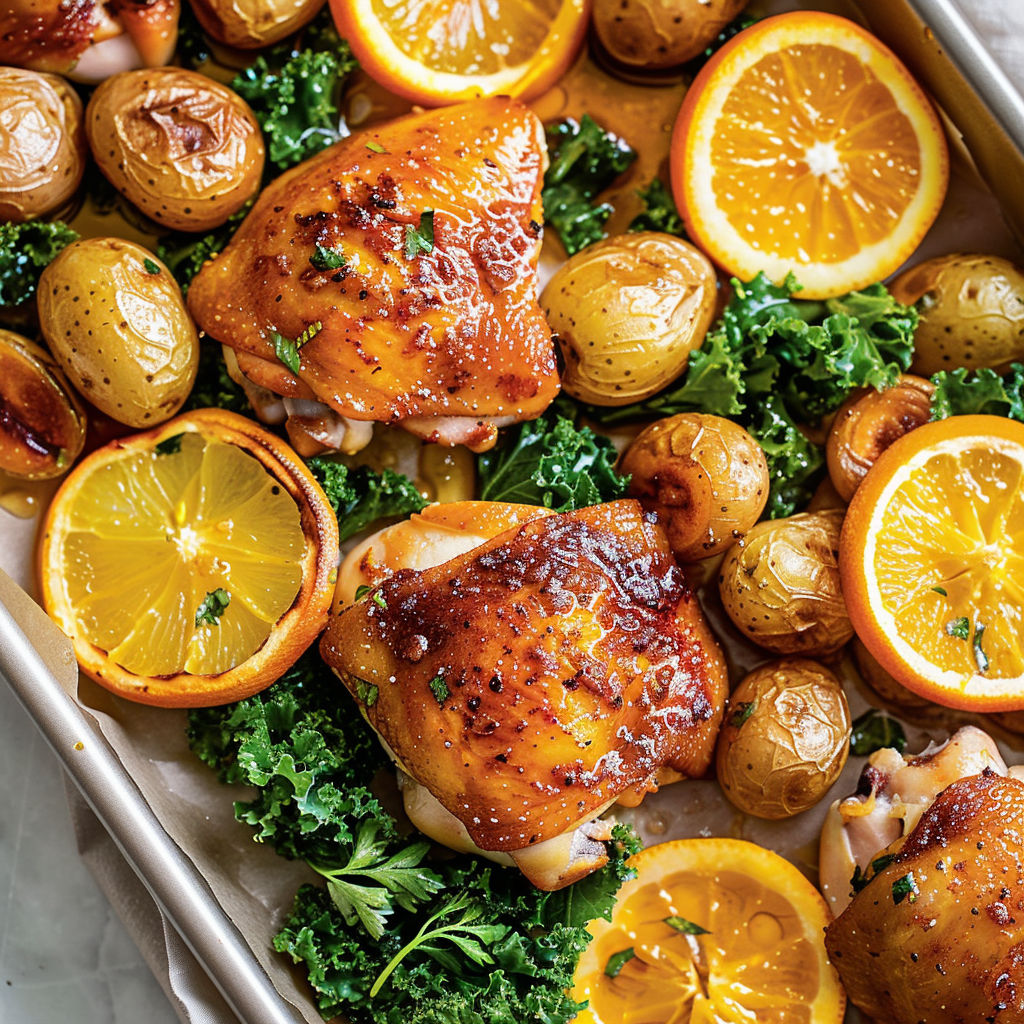 Du poulet à la peau brillante, entouré de patates dorées et d’oranges rôties bien juteuses.