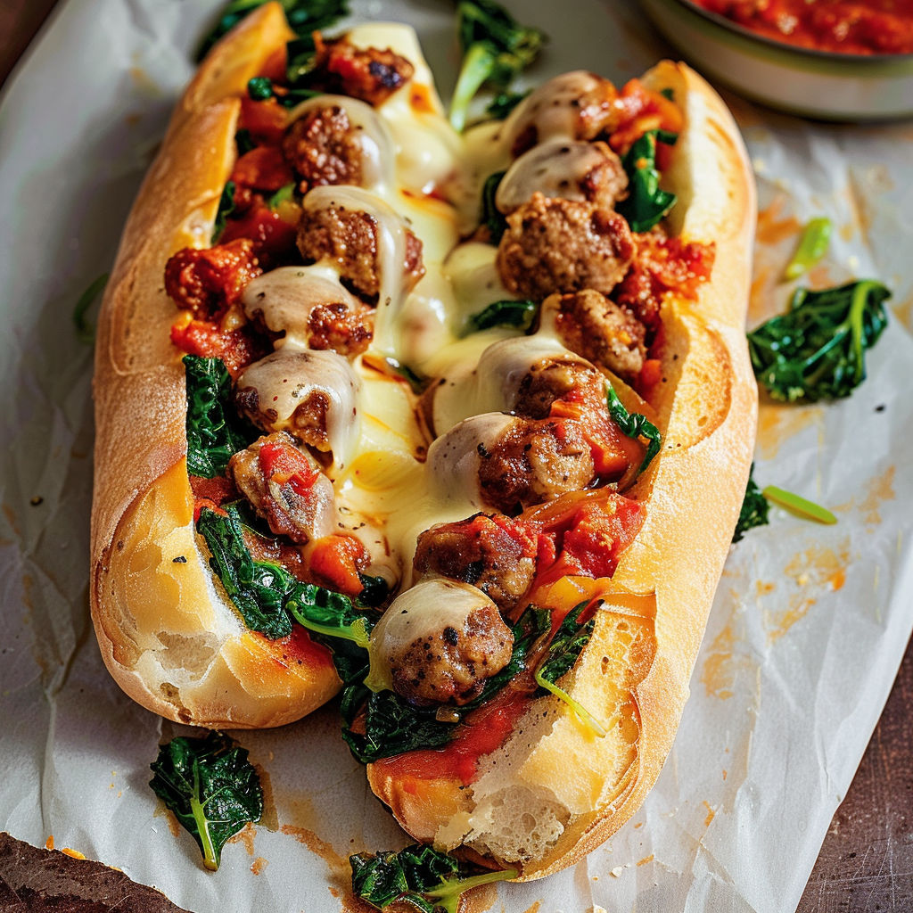 Sandwich artisanal de saucisse, rapinis et sauce maison.