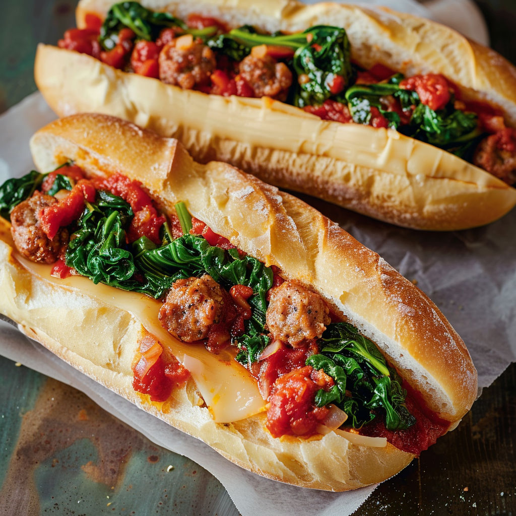 Sandwich moelleux garni de saucisse italienne, sauce tomate, rapinis et fromage coulant.