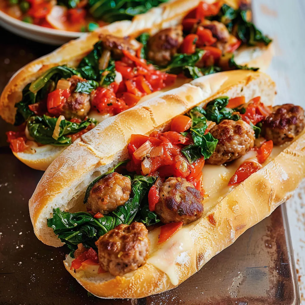 Un sandwich bien garni de rapinis croquant, de saucisse dorée, de sauce épaisse et accents méditerranéens.