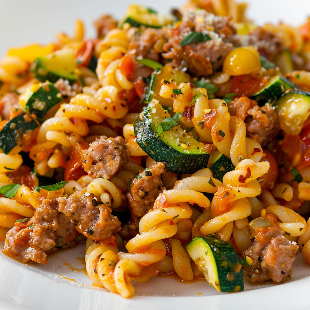 Assiette de pâtes mêlées à de la saucisse et des morceaux de courgettes fraîches.