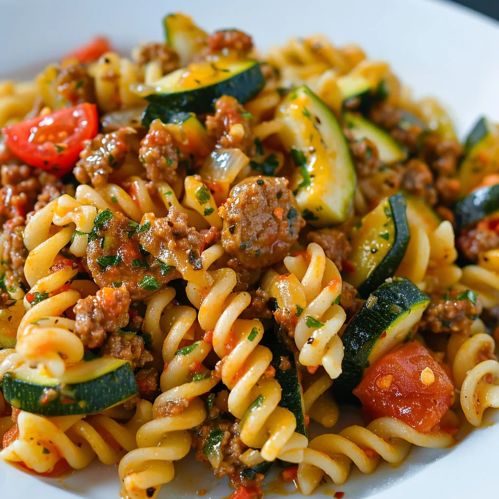 Pâtes twistées aux saucisses et courgettes façon italienne.