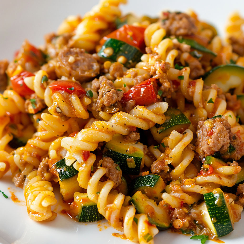 Assiette généreuse de pâtes, saucisse et courgettes à l’italienne.