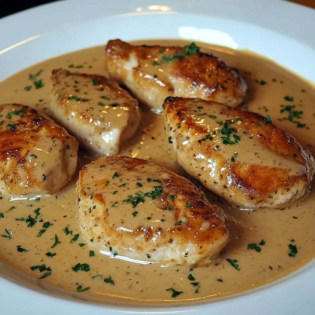 Poulet doré flambé avec une sauce crémeuse sur une assiette élégante.