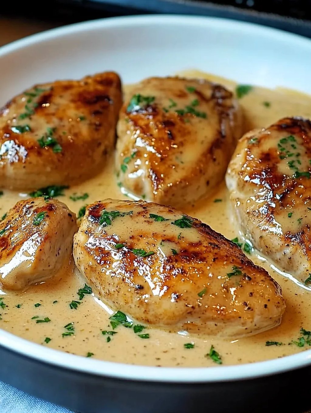 Blancs de poulet dorés nappés de sauce crémeuse, servis sur assiette blanche.