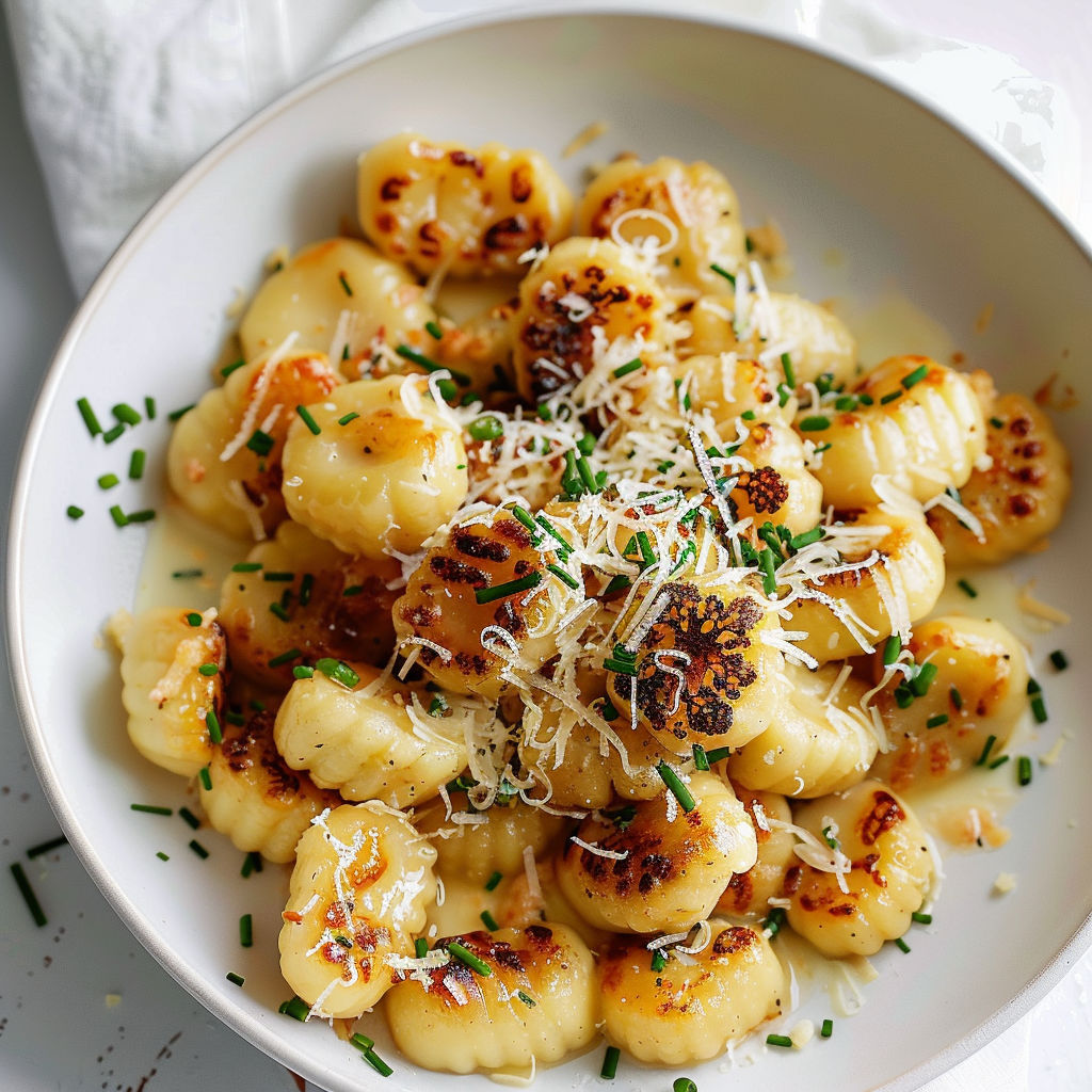 Une belle assiette de gnocchis dorés et chou-fleur, garnie d'herbes fraîches.