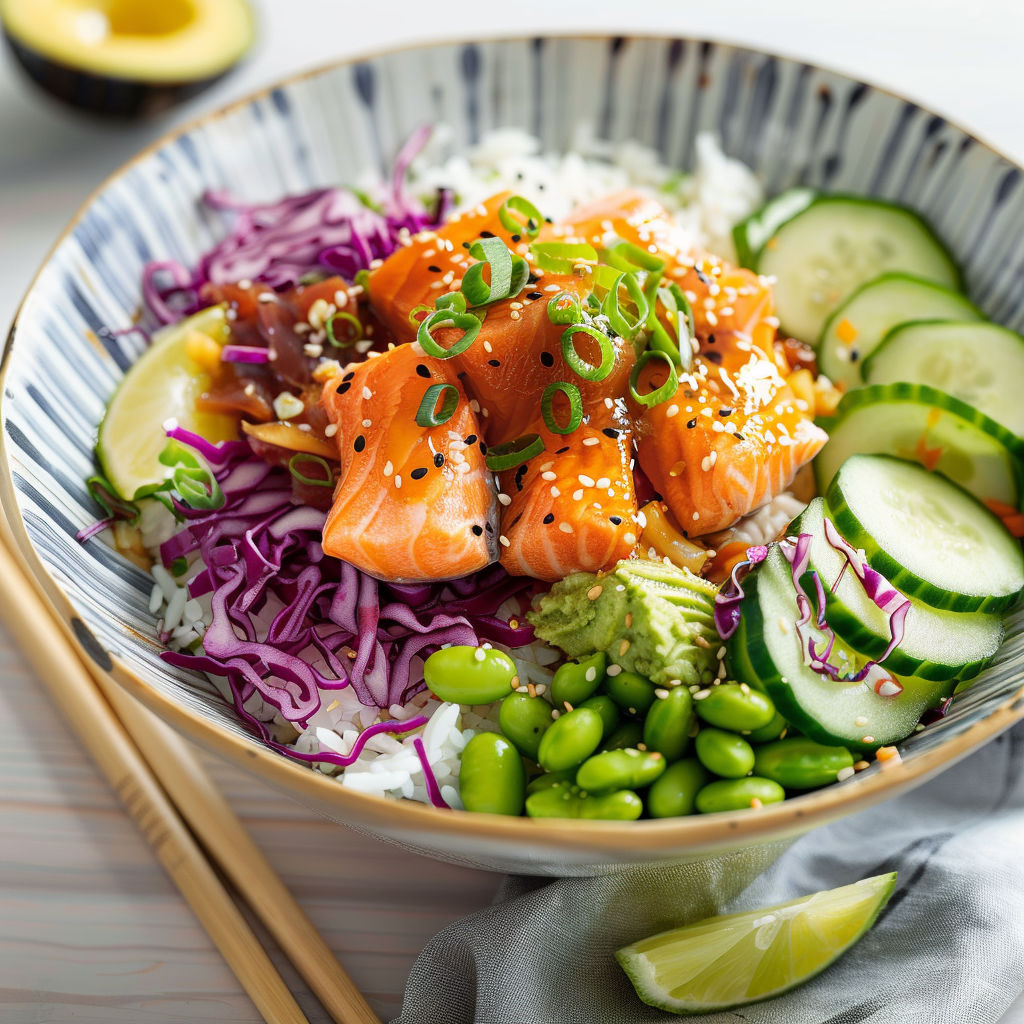 Bol délicieux avec saumon grillé, edamames et légumes frais, pour une assiette fraîche et équilibrée.