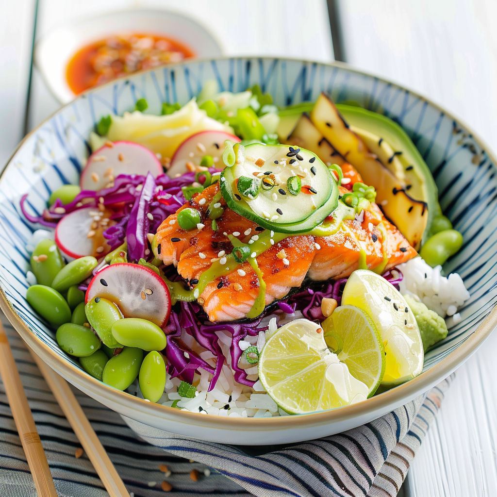 Un bol coloré avec saumon, légumes frais et tranches de concombre, décoré de quartiers d’agrume.