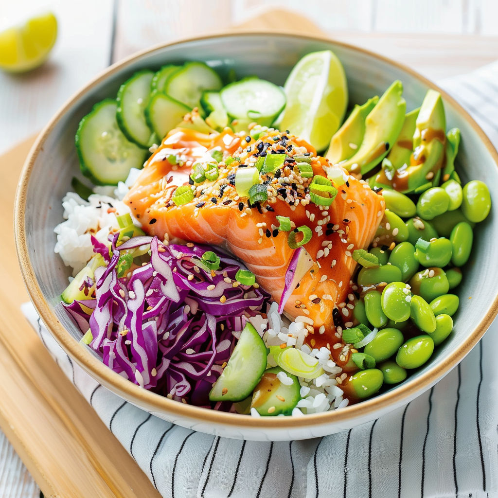 Un joli plat rempli de poisson et légumes verts, façon sushi bowl.
