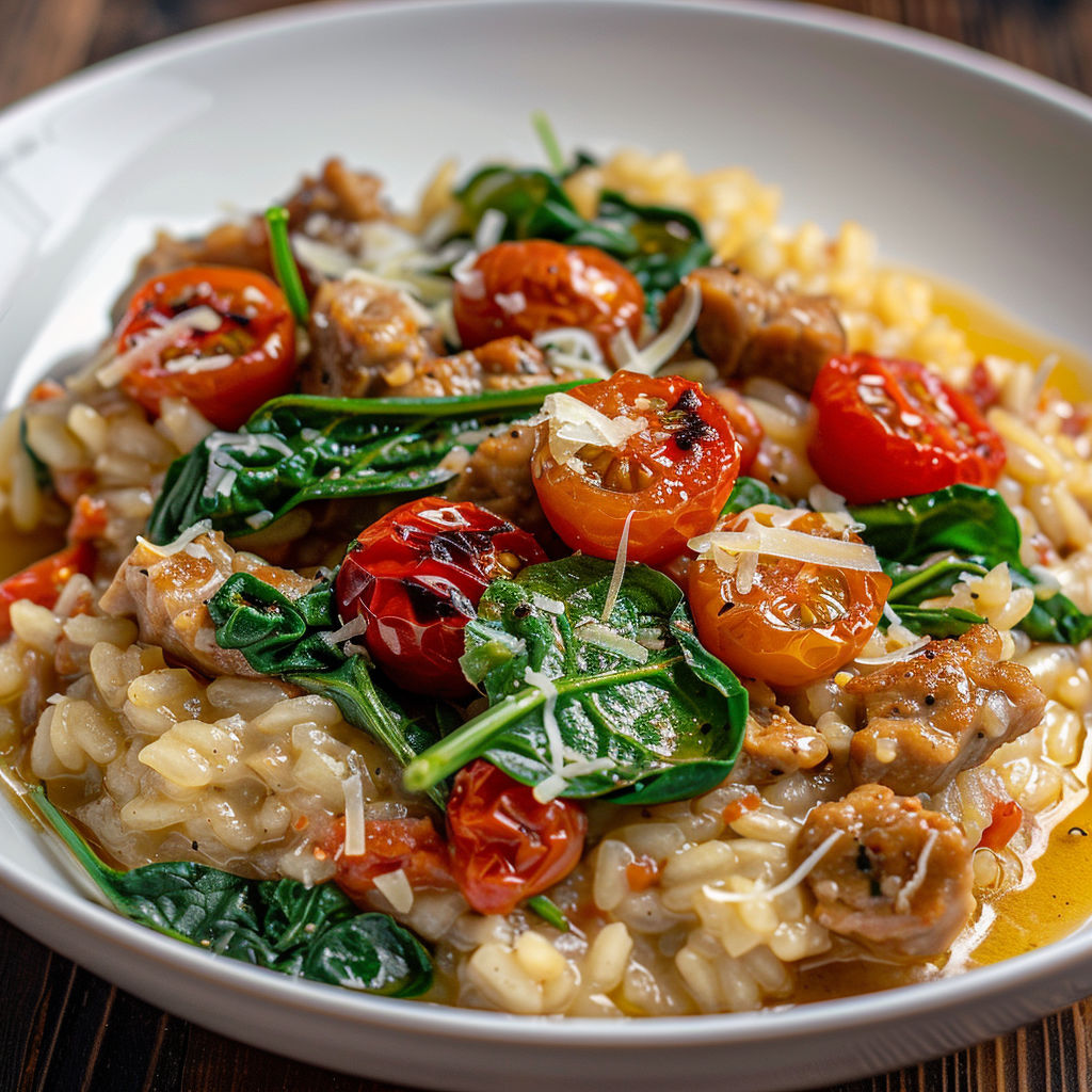 Plat de risotto crémeux combinant veau, épinards et tomates rôties, servi sur un plateau en bois.