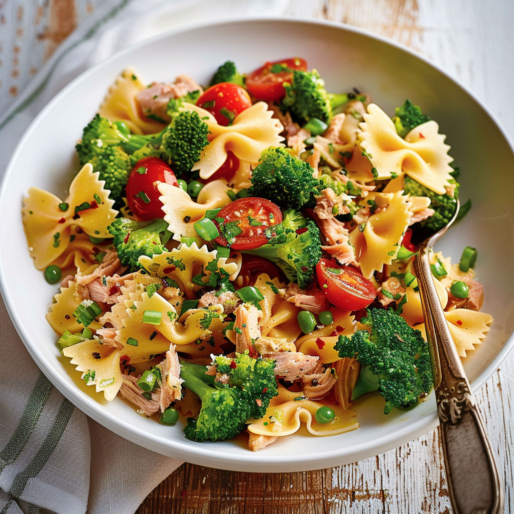 Un bol rempli de pâtes avec du thon, du brocoli et des garnitures savoureuses sur une table.