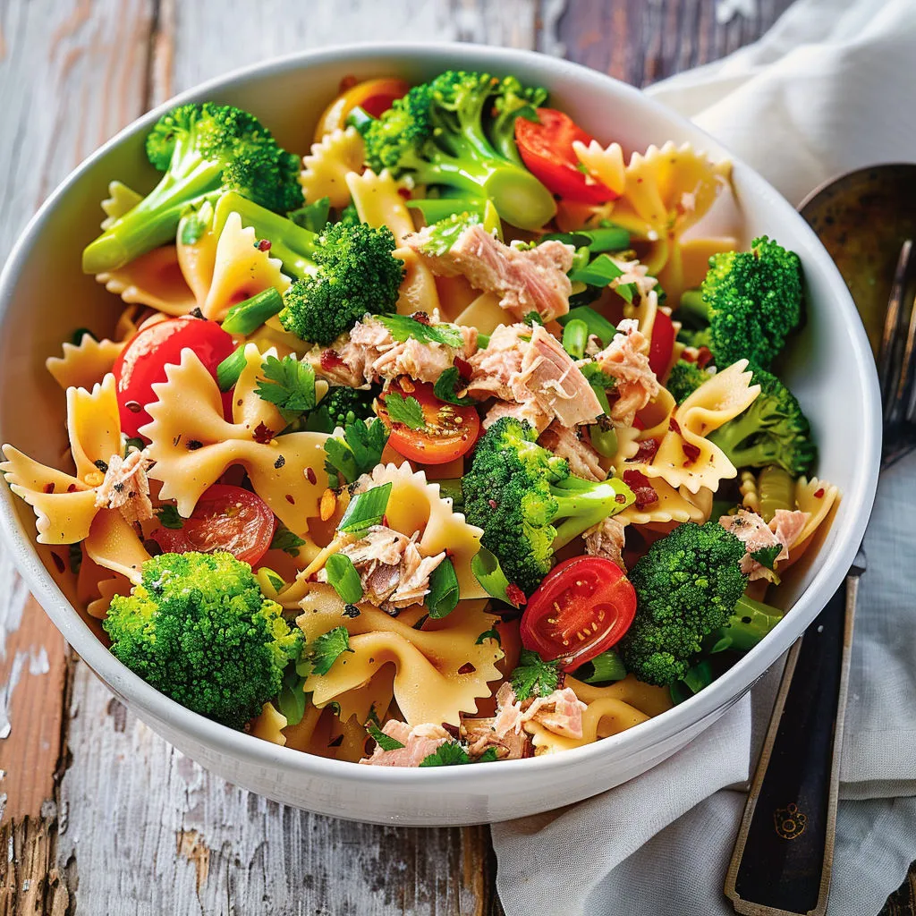 Une salade fraîche de pâtes, tomates, brocoli et oignons verts dans un bol sur une table.