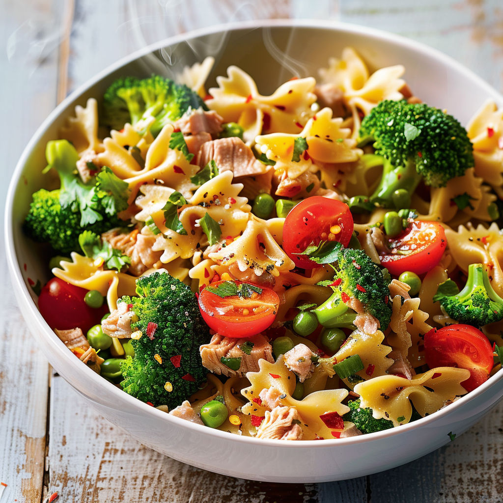 Une salade colorée de pâtes, avec tomates, poivrons, épinards et brocolis dans un bol sur une table.
