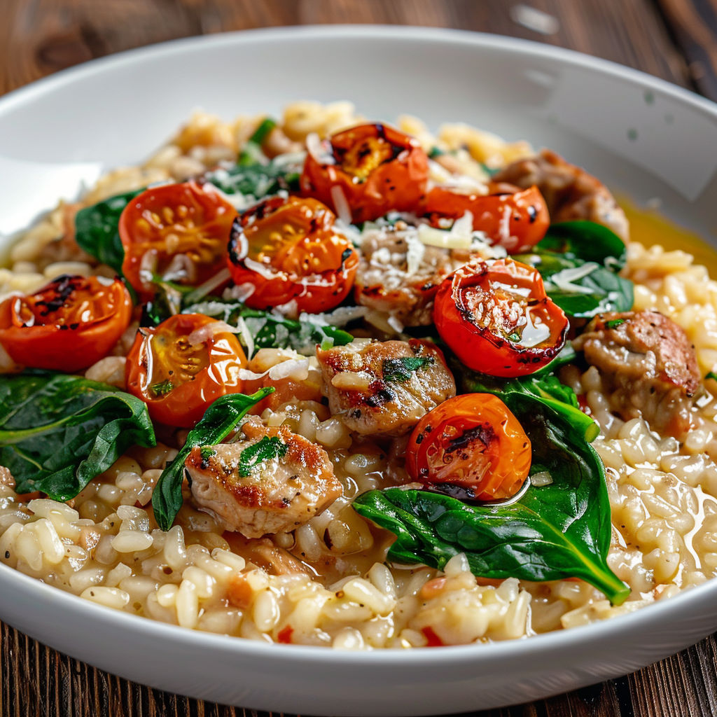 Un risotto avec tomates, épinards et tomates séchées.