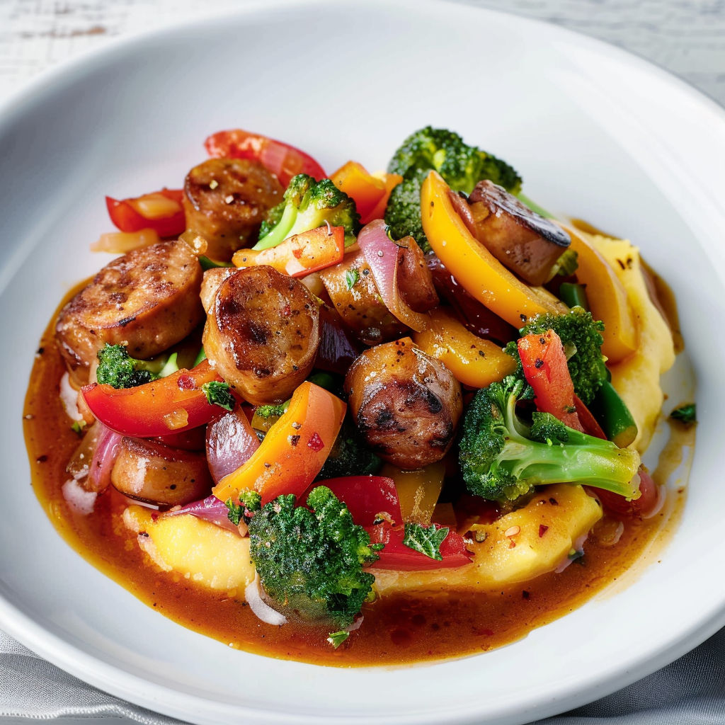 Une belle assiette remplie de polenta et saucisses avec légumes colorés.