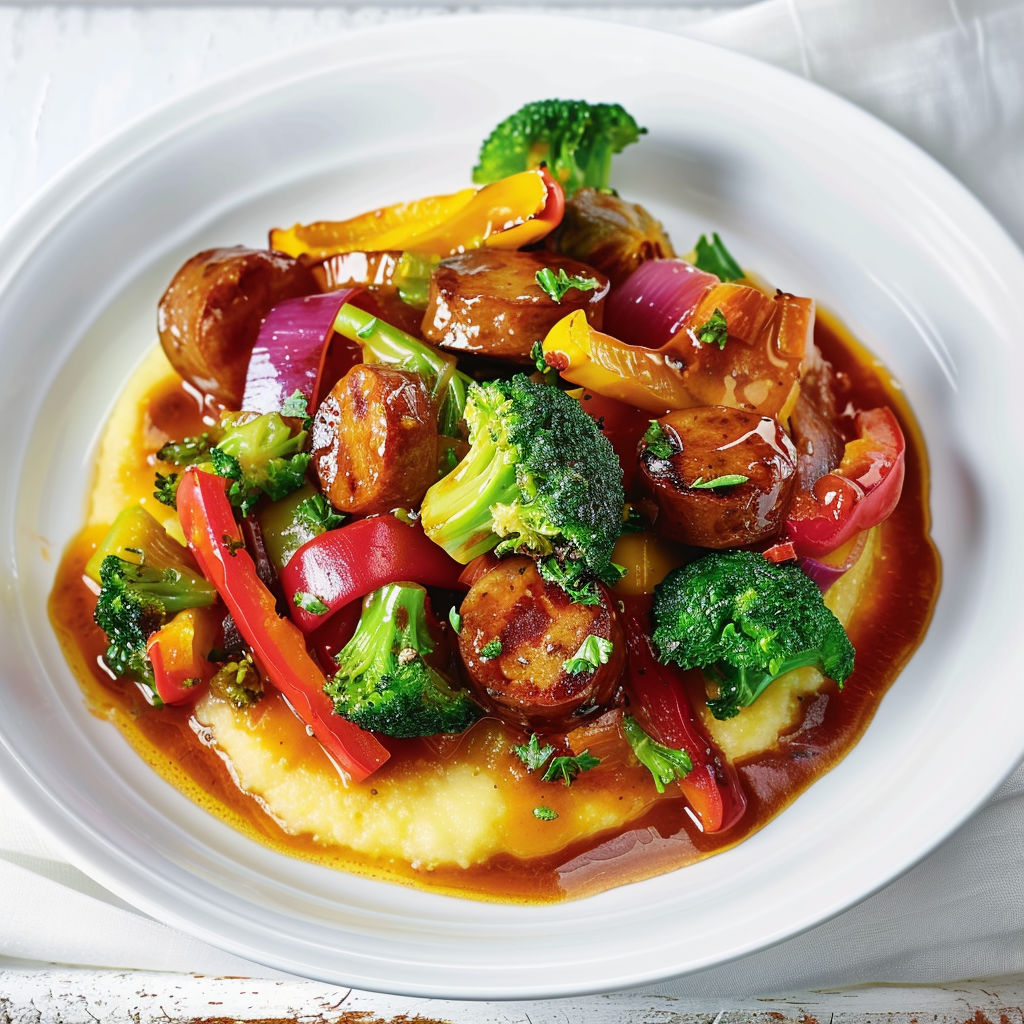 Un plat où légumes et saucisses mijotés reposent dans une sauce bien tomatée.