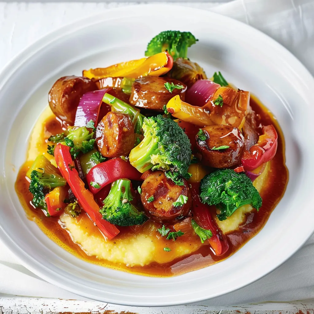 Un plat où légumes et saucisses mijotés reposent dans une sauce bien tomatée.