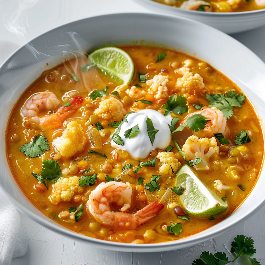 Un délicieux bol de soupe avec lentilles, chou-fleur et crevettes servie avec des herbes fraîches.