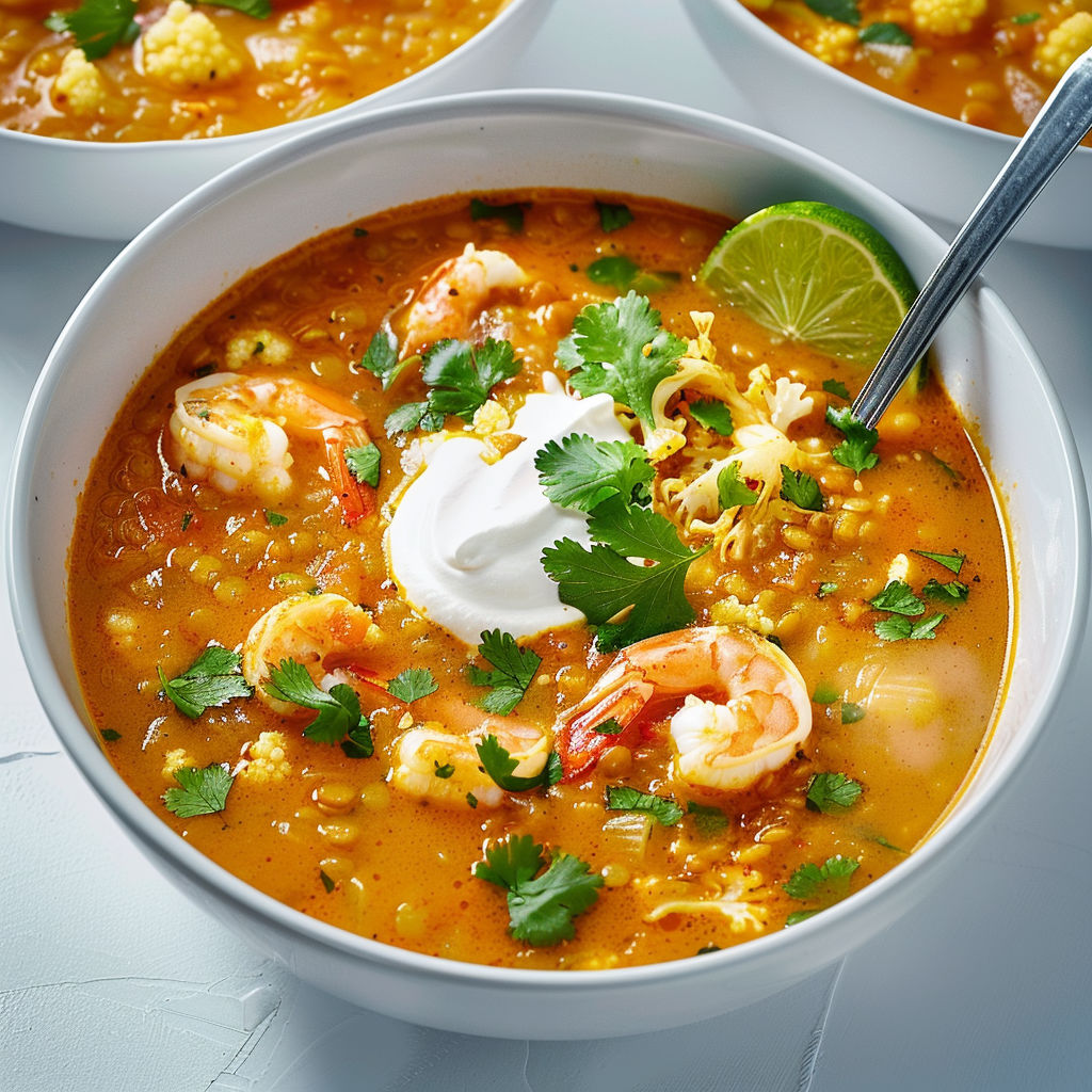 Velouté de crevettes et langoustines, herbes fraîches et fromage blanc.