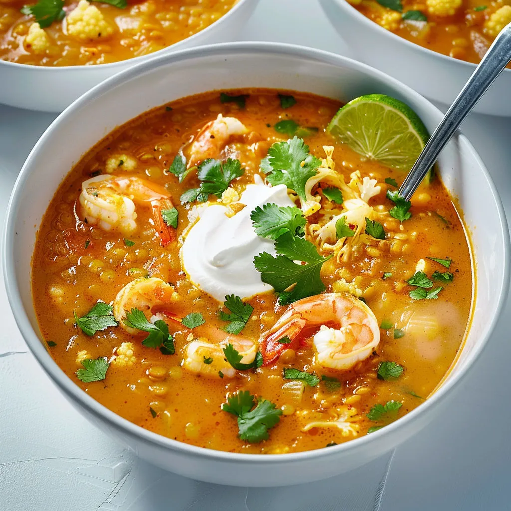 Velouté de crevettes et langoustines, herbes fraîches et fromage blanc.