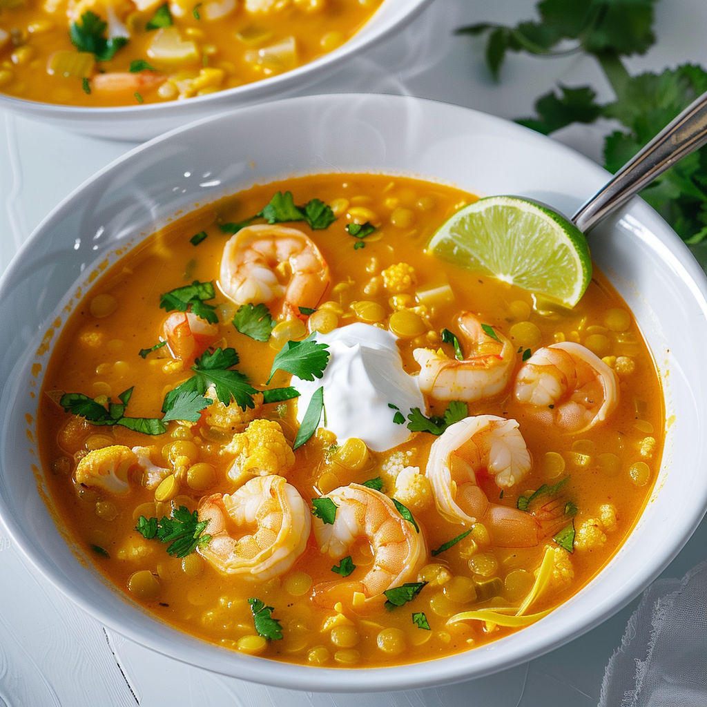 Bol fumant de soupe aux crevettes et légumes.