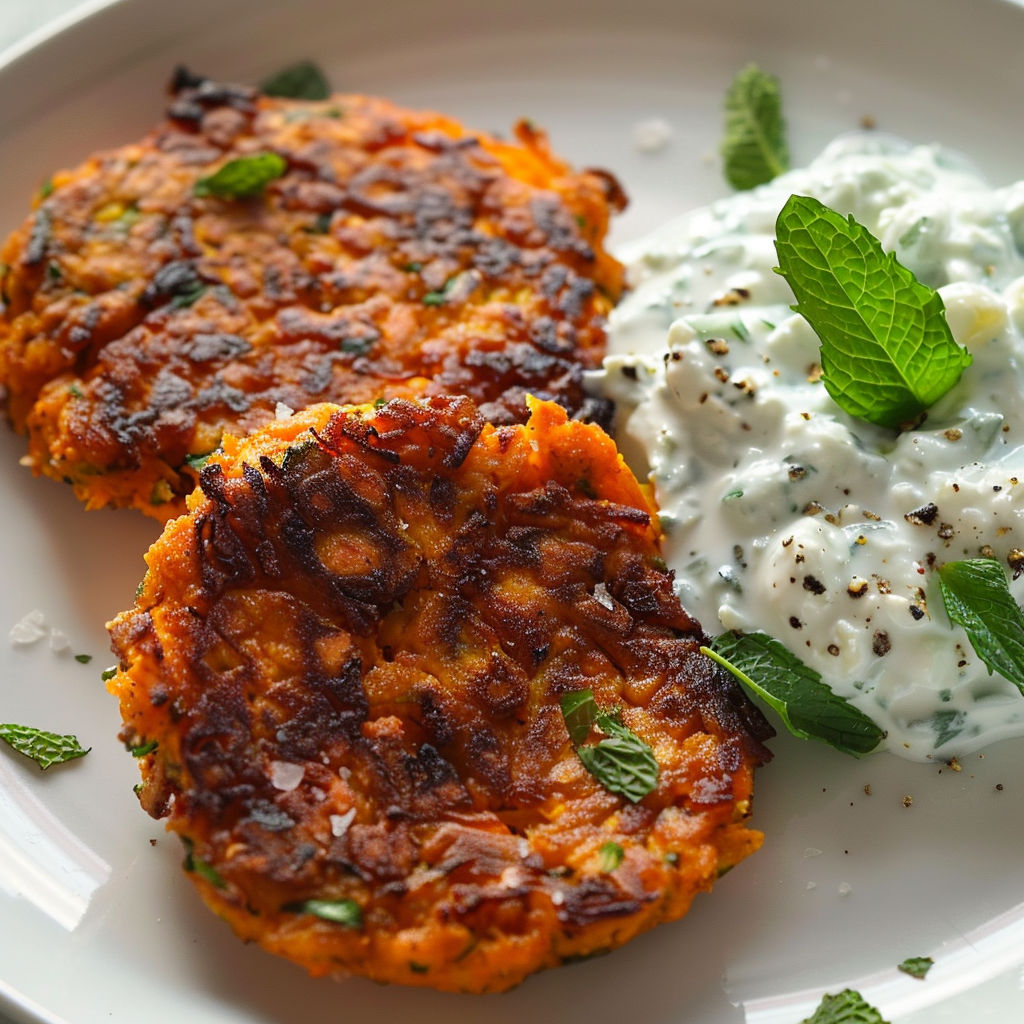 Délicieuses bouchées de patates douces et tofu, joliment servies avec une sauce onctueuse et des herbes fraîches.