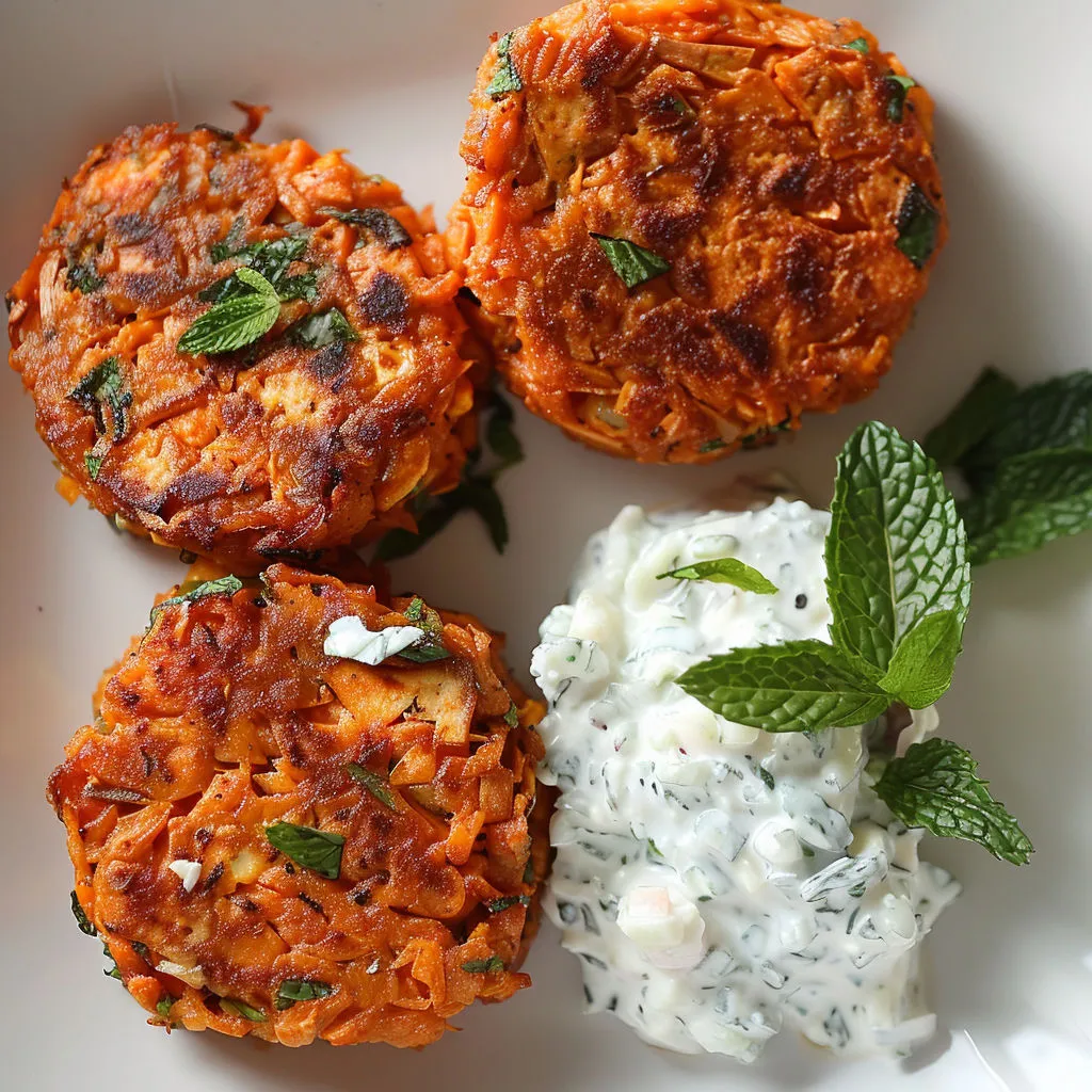 Des croquettes de légumes et carottes servies avec une crème aux herbes fraîches.