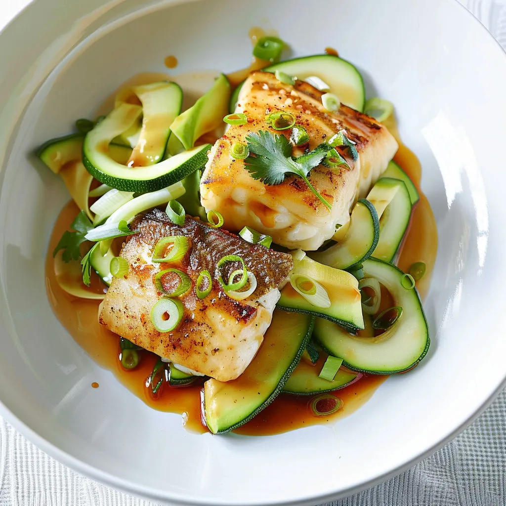 Assiette avec poisson doré, rubans de courgette et sauce soja-citron.