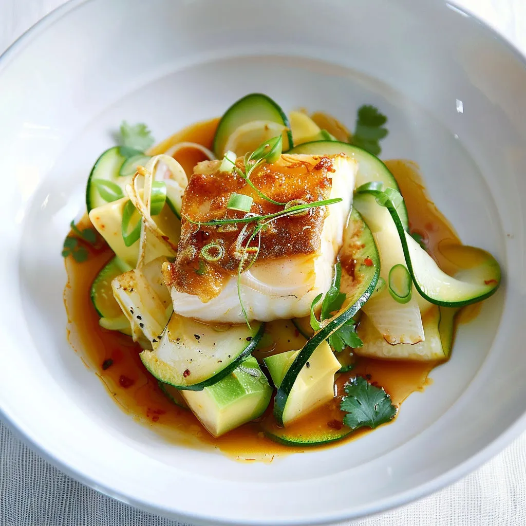 Plat de poisson à la sauce pimentée, avocat frais et coriandre.